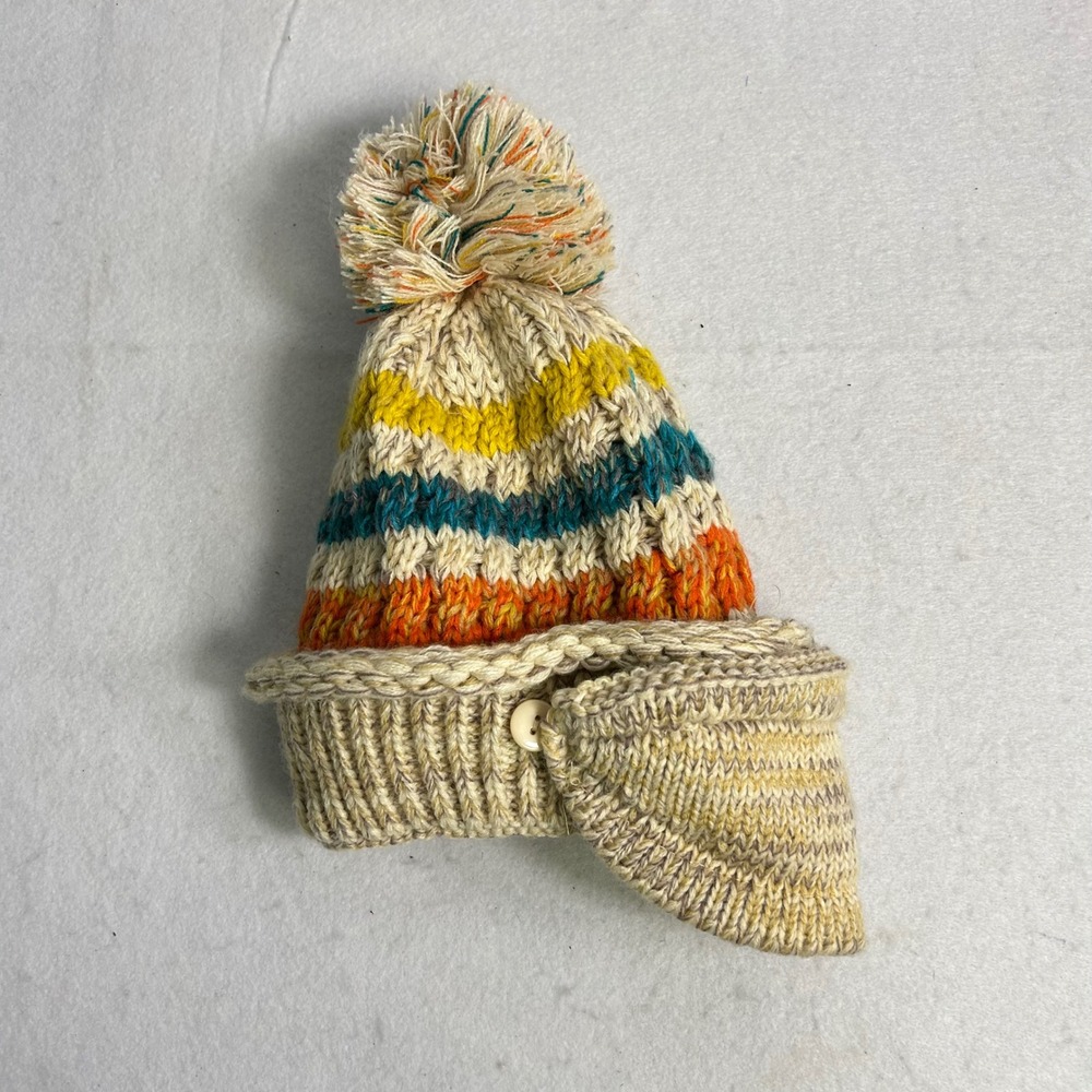Boho Striped Pom Beanie Womens One Size Cream Multi Fleece‎ Lined Face Cover Hat